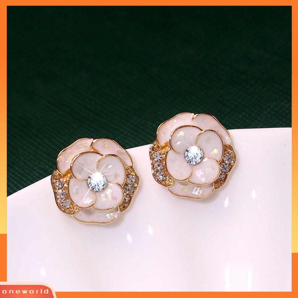 [EONE] 1pasang Ear Studs Elegan Dainty Temperamen Berkilau Berlian Imitasi Enamel Bunga Wanita Anting Fashion Perhiasan