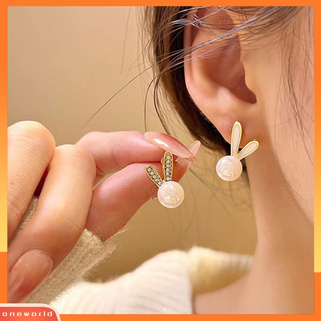 [EONE] 1pasang Ear Studs Berlian Imitasi Bertatahkan Dainty Hadiah Hari Valentine High Gloss Faux Pearl Rabbit Kelinci Wanita Anting Fashion Perhiasan