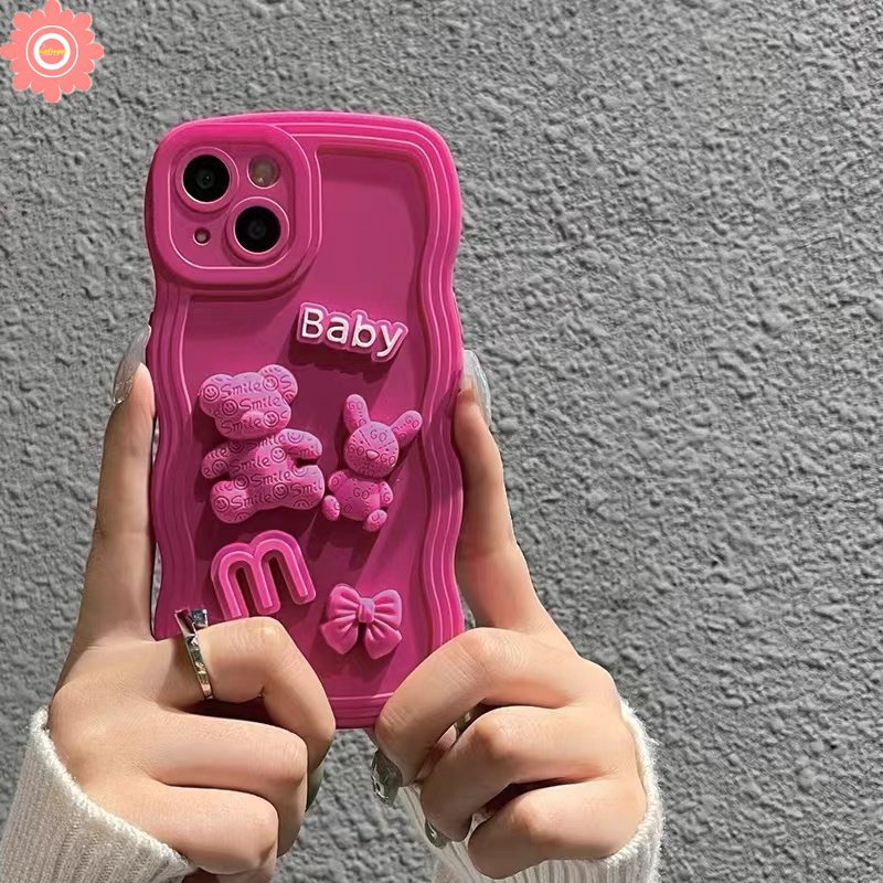 IPHONE 3d Boneka Kartun Strawberry Bear Bow Rose Red Case Kompatibel Untuk Iphone11Xr 7Plus 14 12 13 Pro Max7 8 14 Plus X XS MAX Mewah Shockproof Wavy Edge Back Cover