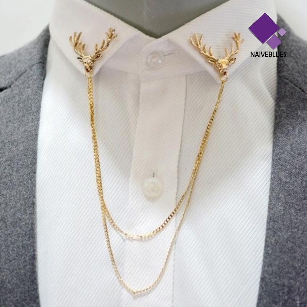 &lt; Naiveblues &gt; Fashion Pria Wanita Kemeja Jas Kerah Rusa Bros Pin Dengan Rantai Hadiah