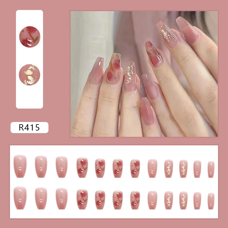 R415 24pcs Kuku Palsu Kuku Palsu Buatan Matte French Nail