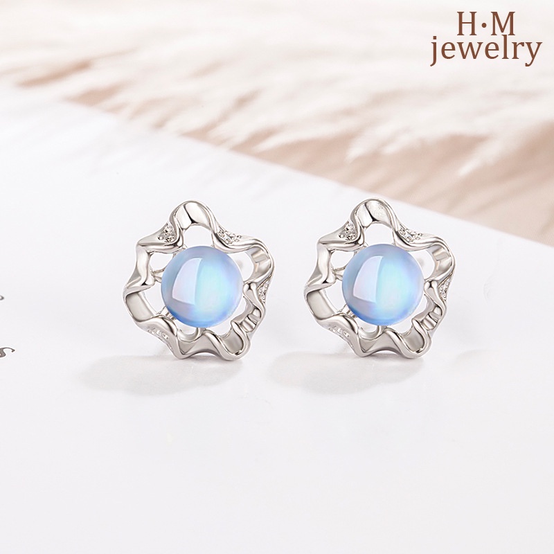 S925 Perak2023Baru Trendi Tidak Teratur Moonstone Renda Anting Pejantan Retro Elegan Bermutu Tinggi Anting-Anting