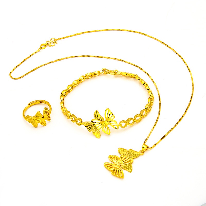 Goldkingdom Perhiasan Fashion 24K Bangkok Aksesoris Ready Stock Wanita Busur Gelang Kalung Cincin Kupu Lapis Emas Set