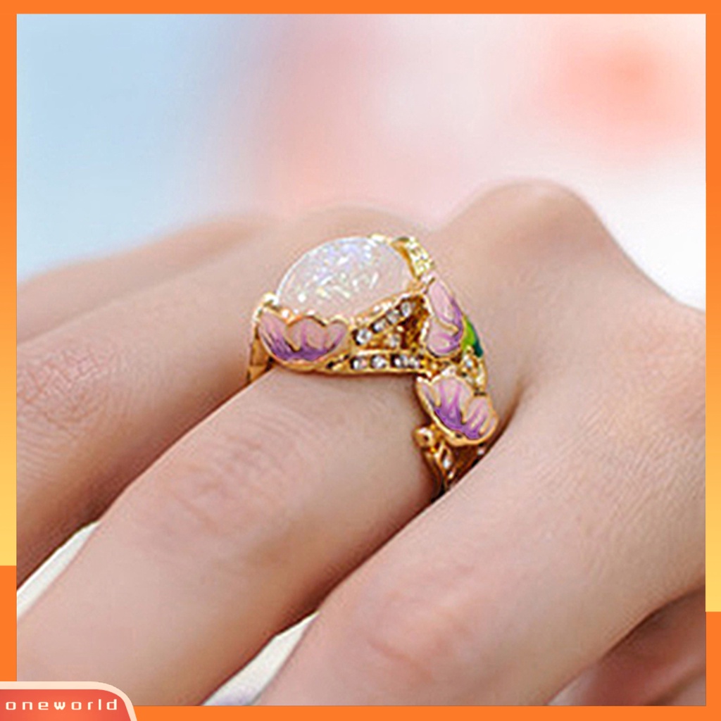 [EONE] Wanita Cincin Gaya Retro Imitasi Opal Berlian Imitasi Bertatahkan Elegan Berwarna Enamel Bunga Jari Cincin Aksesoris Perhiasan