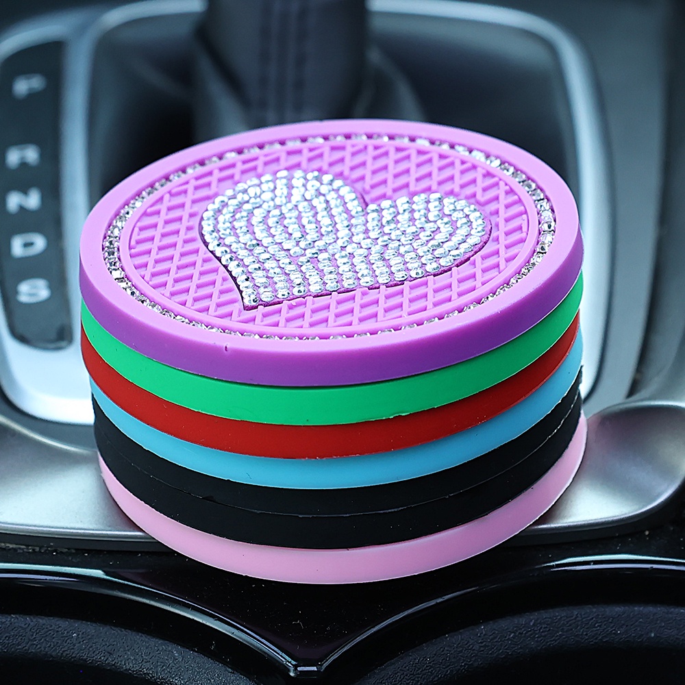 1/2pcs Tergabung Air Cup Pad Anti-Selip Kreatif Bentuk Bulat Cinta Cup Pad PVC Universal Karet Mat Non-slip Drink Bottle Mat for Bottle Holder Coaster Mobil Diamond Water Cup Pad