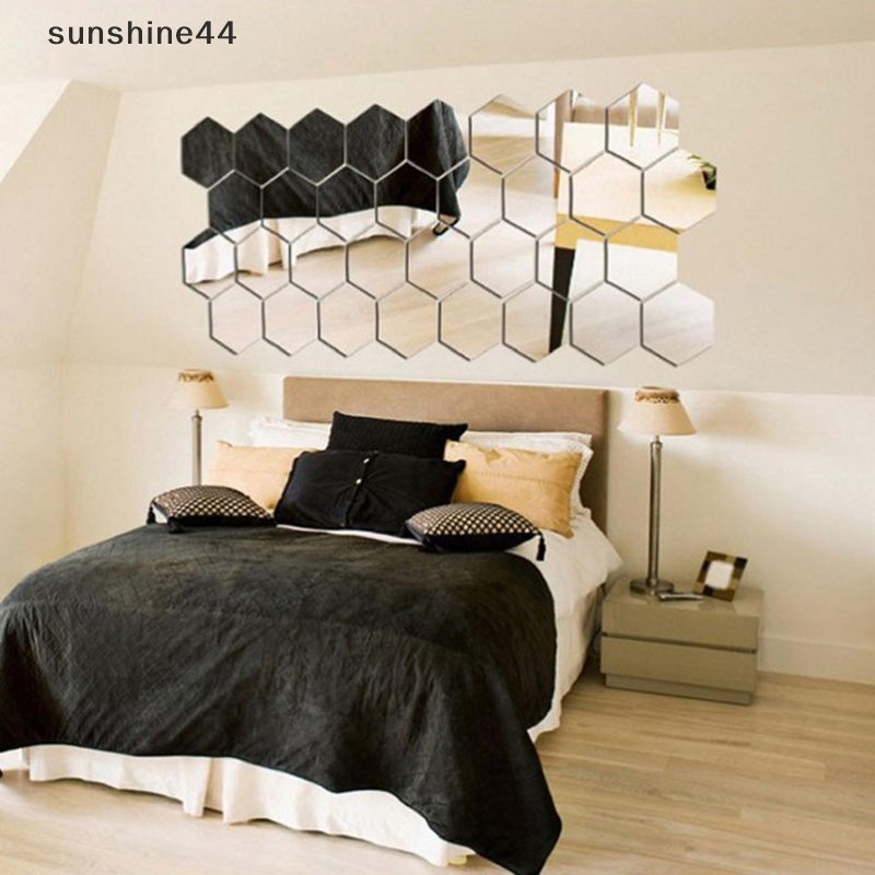 Sunshine 12Pcs Hexagon Vinyl Dekorasi Rumah Stiker Dinding Decal DIY Removable 3D Cermin ID