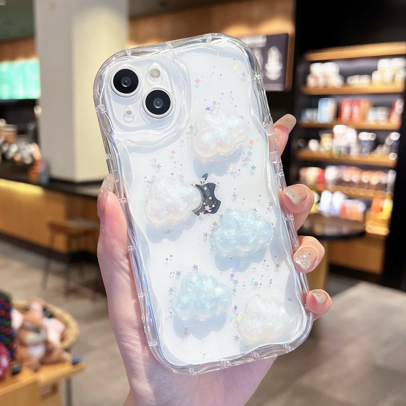 【Cream Edge】3D Pretty Laser Clouds Silicone Case for IPhone X XS XR XS Max 11 13 12 14 PRO Max 14 Plus SE 2020 2022 Clear Phone Case for Girl Women Gift