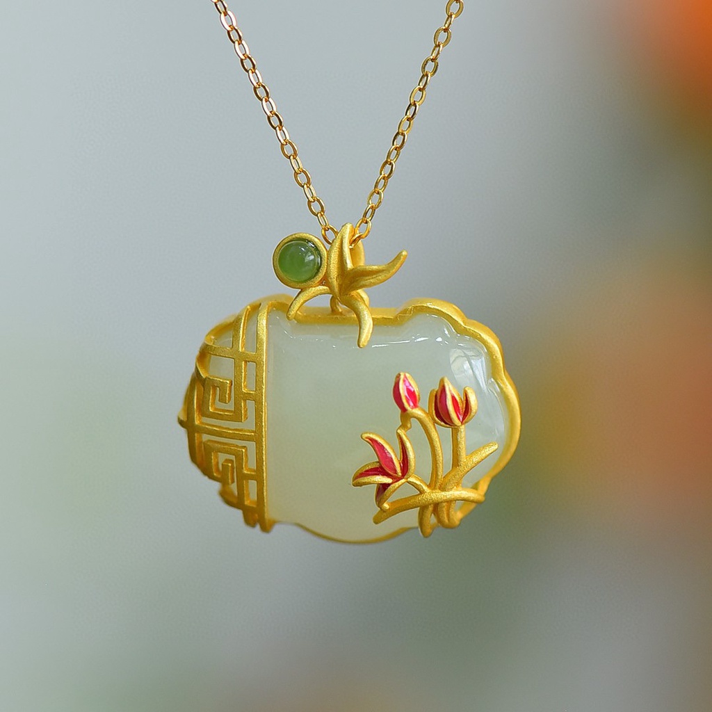 Goldkingdom Fashion Perhiasan Aksesoris Ready Stock Retro Kalung Dengan Inlay Emas Kuno Dan Hetian Giok Anggrek Berangan-Angan Kunci Liontin Perempuan Alami Giok Kalung