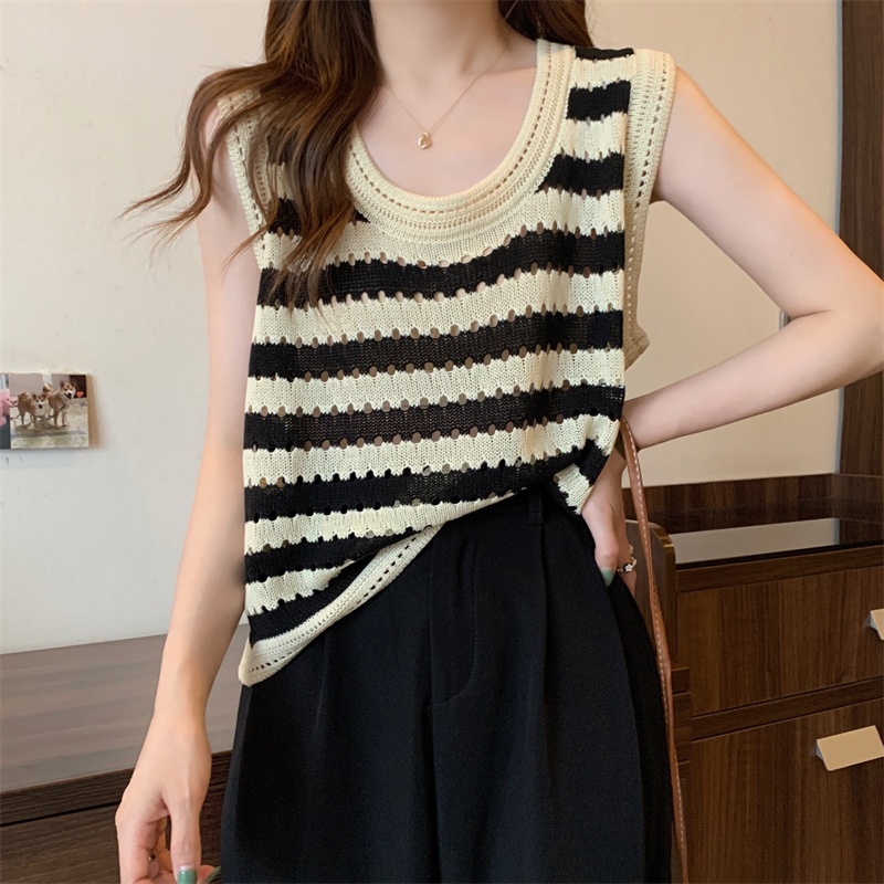 Tank top rajutan musim panas bergaris Korea