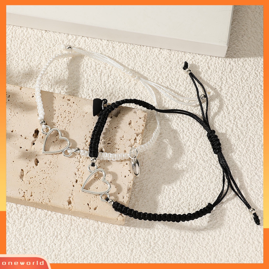 [EONE] 2pcs Gelang Tangan Tenun Adjustable Strand Hand Made Tahan Aus Dekorasi Geometris Berongga Pencocokan Jarak Jantung Gelang Aksesoris Pakaian