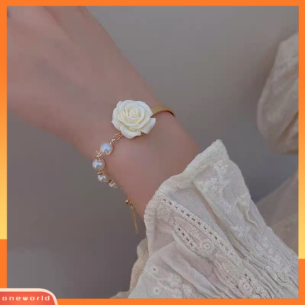 [EONE] Wanita Gelang Bunga Mawar Pesona Electroplating Tidak Luntur Busur Ornamen Mutiara Imitasi Dekorasi Adjustable Temperamen Perancis Niche Bermutu Tinggi Bangle Perhiasan Pesta
