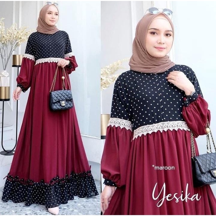 GAMIS STORE - Yesika Dress Polka Mix Cerutty Lapis Premium Fashion Gamis Maxy Gaun Wanita Pesta Kondangan