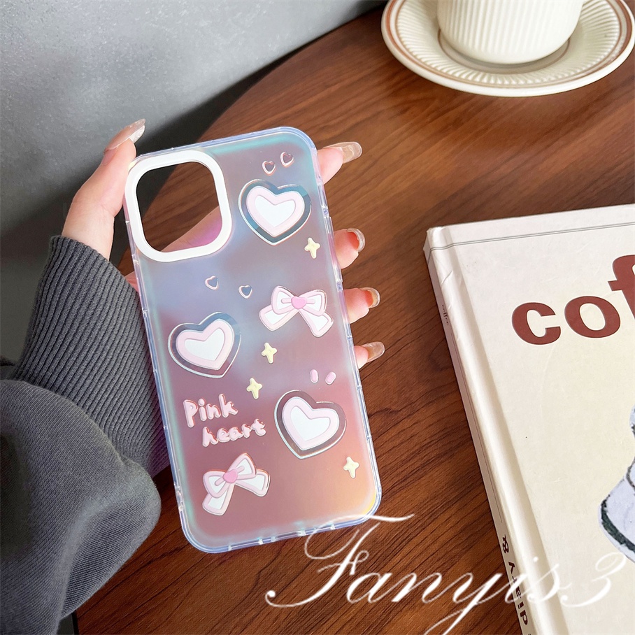 Compatible For IPhone 14 13 12 11 Pro Max X XR Xs Max 8 7 Plus SE 2020 Kompatibel Untuk Pink Love Heart Bow IMD Laser Gradient Phone Case TPU Lembut Shockproof Cover Pelindung