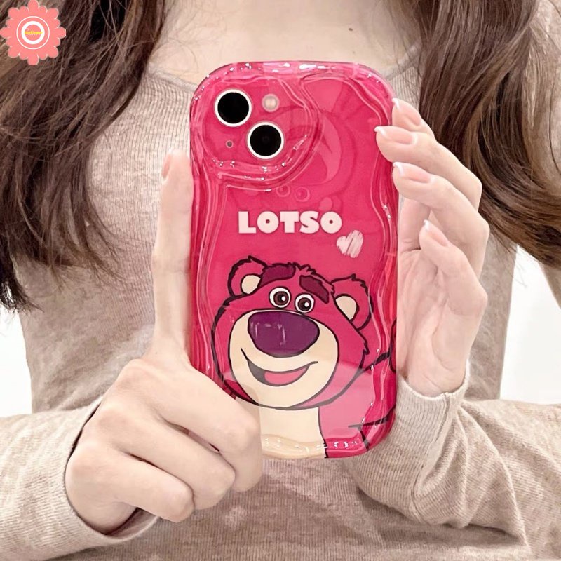 IPHONE Rose Red Kartun Imut Strawberry Bear Manyo Case Kompatibel Untuk Iphone11 12 13 14 Pro Max7 8 6s 6 Plus XR X XS Max SE 2020 3D Wavy Curved Edge Glossy Shockproof Soft Cover