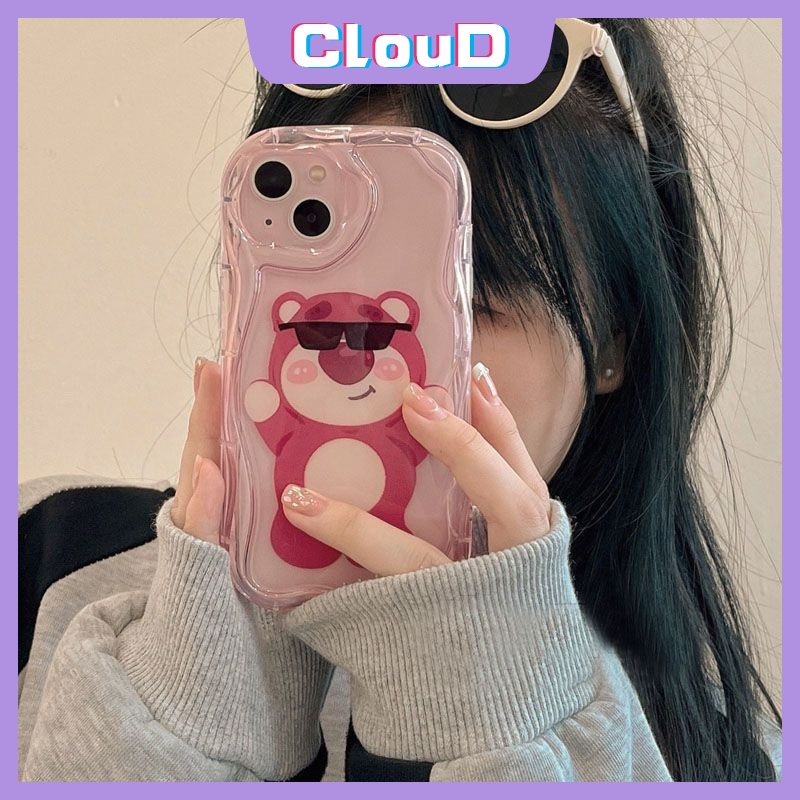 IPHONE Casing Glossy Tepi Melengkung Bergelombang Shockproof 3D Kompatibel Untuk Iphone11 12 14 13 Pro Max 7Plus XR 7 6s 6 8 Plus X XS Max SE 2020 Lembut Mawar Merah Kartun Imut Strawberry Bear Manyo Cover