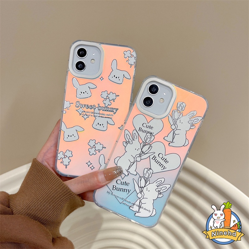 IPHONE Ins Gradien Casing Laser Kompatibel Untuk Iphone14 13 12 11 Pro Max X Xr Xs Max 8 7 6 Plus SE 2020 Kreatif Lukisan Kelinci Shockproof Phone Case Tepi Lurus Akrilik Hard Case