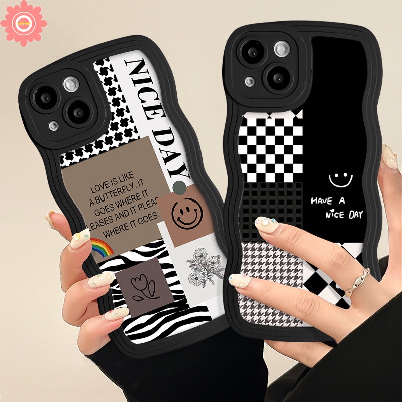 Case Untuk Samsung A12 A03s A50 A23 A04s A30s A14 A13 A50s A04 A53 A20 A33 A32 A11 A04E A31 A51 A52s A02s M22 A21s A52 A22 M32 Berlian Lembut Motif Smiley Splicing Bergelombang Tepi Case