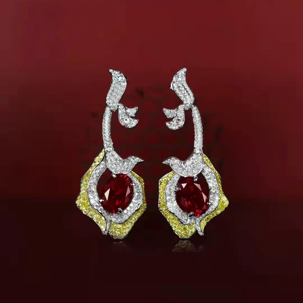 Goldkingdom Aksesoris Perhiasan Fashion Ready Stock Schubert Rose Stud Earrings Anting Panjang Berlian Korundum Merah