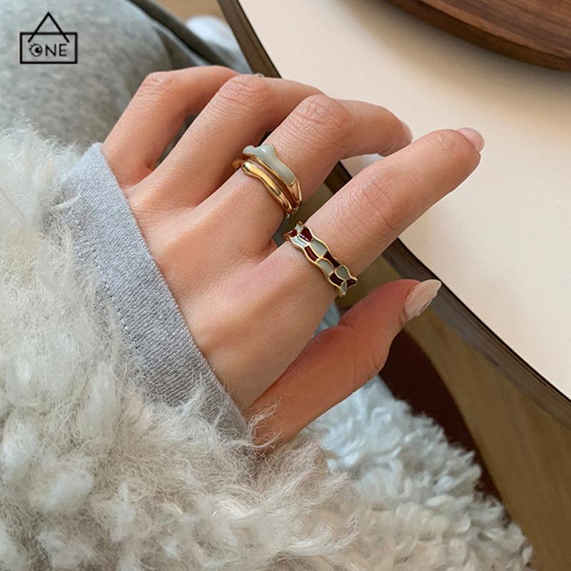 COD❤️3pcs Cincin Retro Wanita Emas Papan Catur Kotak-kotak yang dapat disesuaikan-A.one