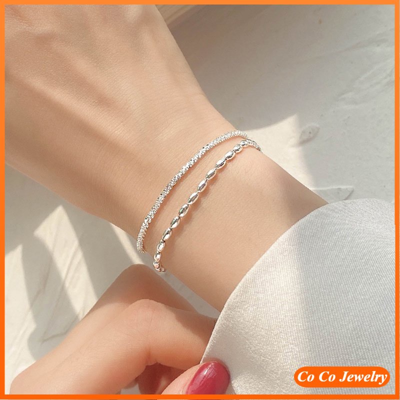 Full Body S925 Sterling Silver Sky Sparkling Benang Double Layer Padi Bijian Gelang Wanita Sederhana Korea INS Gelang Sparkling