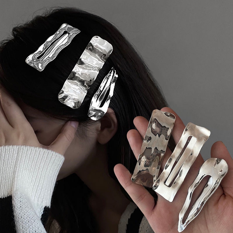 Klip Sisi Gelombang Tidak Teratur Angin Dingin Logam Minimalis/Ins Style Silver Geometric Duckbill Clip Populer Aksesoris Rambut
