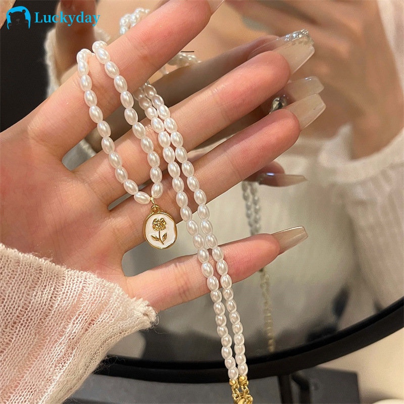 Yeezii Vintage Pearl Beads Necklace Rose Coin Kalung Liontin Emas Untuk Wanita Perhiasan Aksesoris
