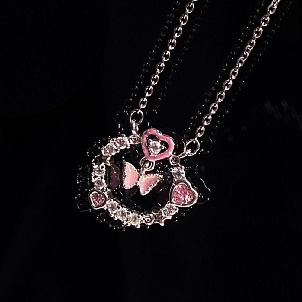 Mxbeauty Y2K Wanita Kalung Aesthetic Pesona Halus Klavikula Rantai Kupu-Kupu Berlian Imitasi Alloy Pink Hati Gadis Choker