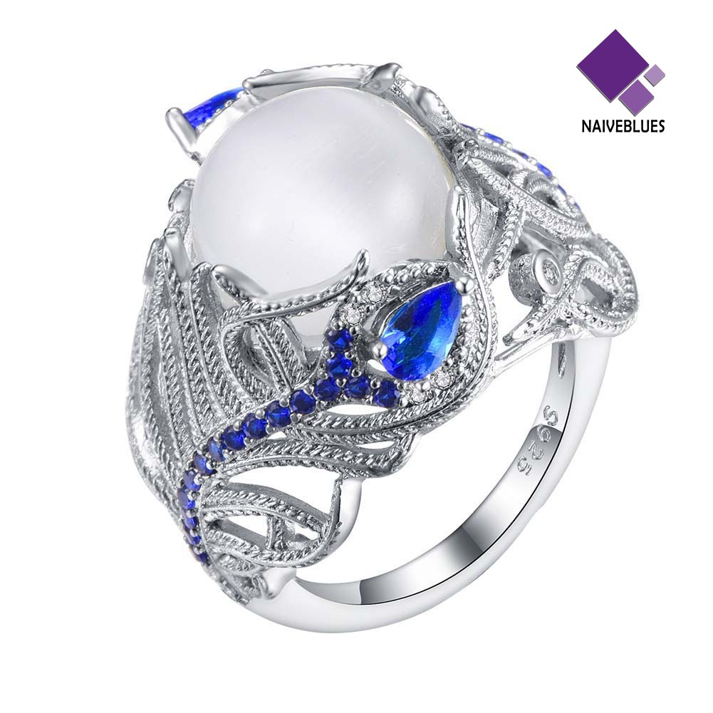 &lt; Naiveblues &gt; Wanita Faux Sapphire Opal Hias Bulu Merak Jari Cincin Perhiasan Hadiah