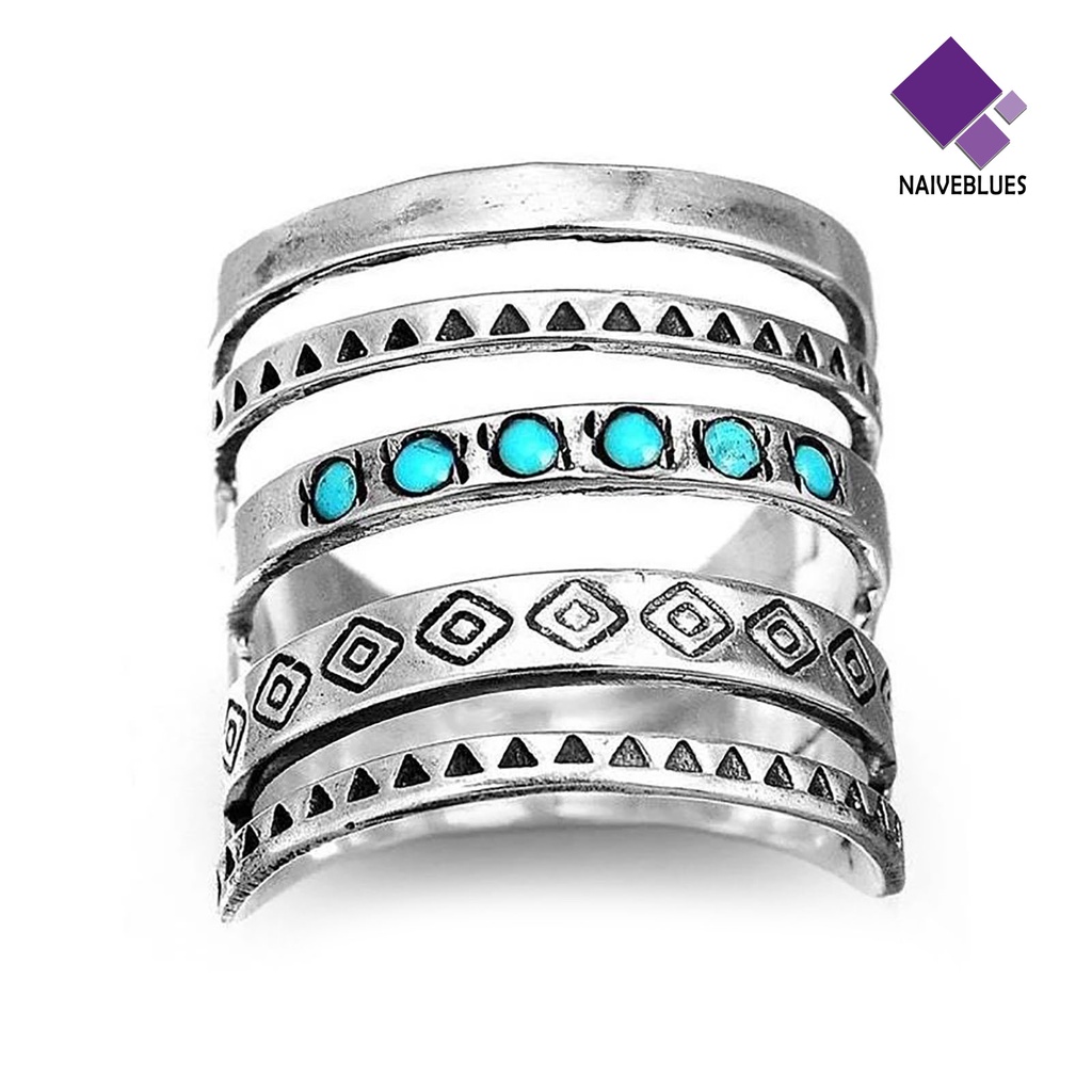 &lt; Naiveblues &gt; Wanita Cincin Multilayer Lebar Pirus Dekorasi Simbol Pola Berongga Bersama Cincin Aksesoris