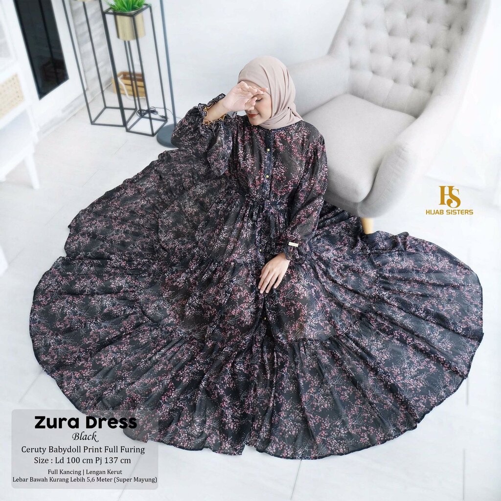 ZURA Dress ORI HIJAB SISTER - Gamis Terbaru Ceruty Babydoll Print Full Furing Bunga-Bunga LD 100