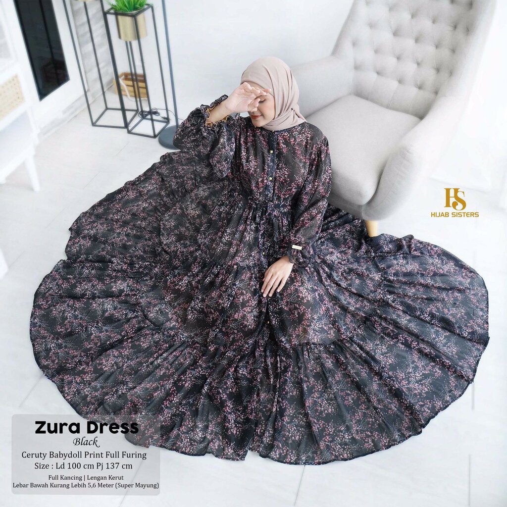 ZURA Dress ORI HIJAB SISTER - Gamis Terbaru Ceruty Babydoll Print Full Furing Bunga-Bunga LD 100