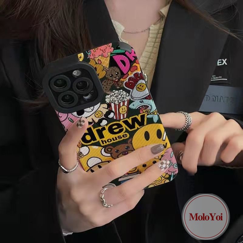 Mewah Tekstur Kulit Lembut Tpu Shockproof Phone Case Kompatibel Untuk IPhone XR XS X Max 7Plus 11 14 13 12 Pro Max7 8 Plus 11 Pro Max Trendi Merek Drew House Kartun Smile Cover