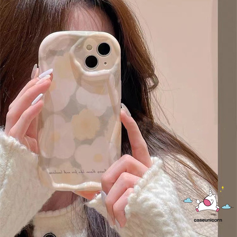 IPHONE Shockproof Glossy Creative 3D Wavy Curved Edge Case Kompatibel Untuk Iphone11 12 13 14 Pro Max XR X7 8 6s 6 Plus XS Max SE 2020 Fresh Flower Tulips Cute Rabbit Soft Flowers Cover