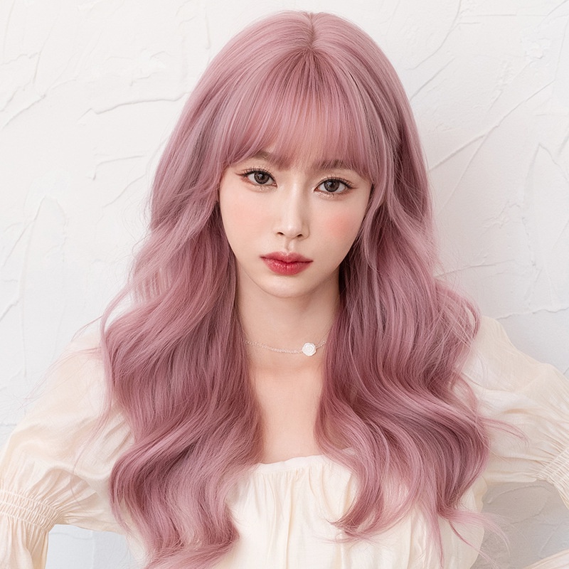 Wig Wanita Panjang Keriting Rambut Merah Muda Wig Penuh Kepala Set Gelombang Besar Putaran Wajah Simulasi Wig Set