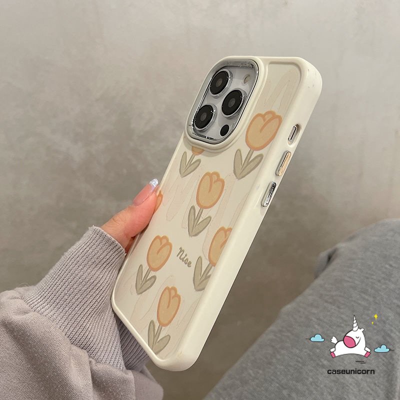 Casing Ponsel Kompatibel Untuk IPhone 7plus 8plus XR 11 14 12 13 Pro MAX X 7 8 Plus XS MAX Fresh Bunga Tulip Mewah Plating Electroplate Bingkai Lensa Logam Shockproof Soft Cover