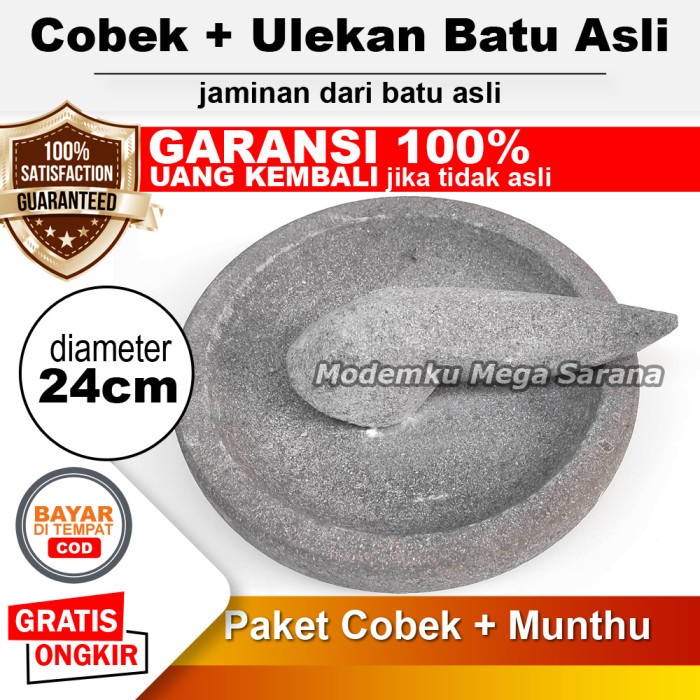 Cobek Batu Asli Original + Ulekan Munthu Muntu Muntilan Merapi - 24 cm