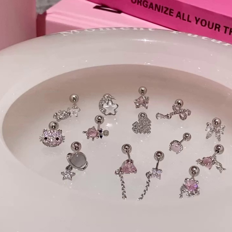 S925 Anting Perak Merah Muda Zirkon Busur Hati Tulang Telinga Stud Wanita Gadis