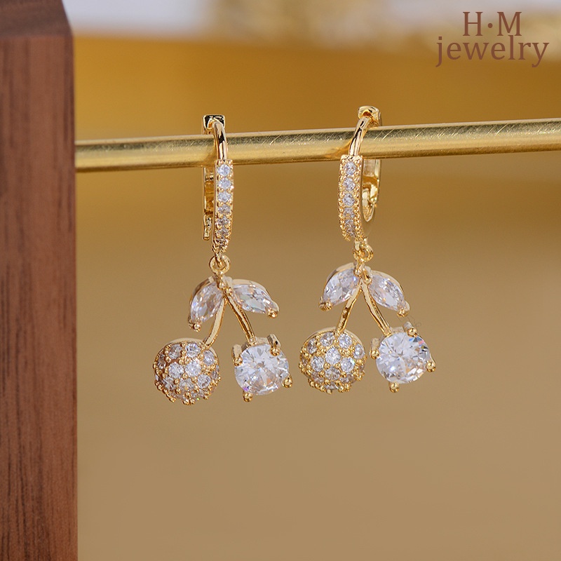 S925 Perak Cahaya Mewah Indah Aaa Zirkon Cherry Telinga Gesper Baru Bermutu Tinggi Anting-Anting