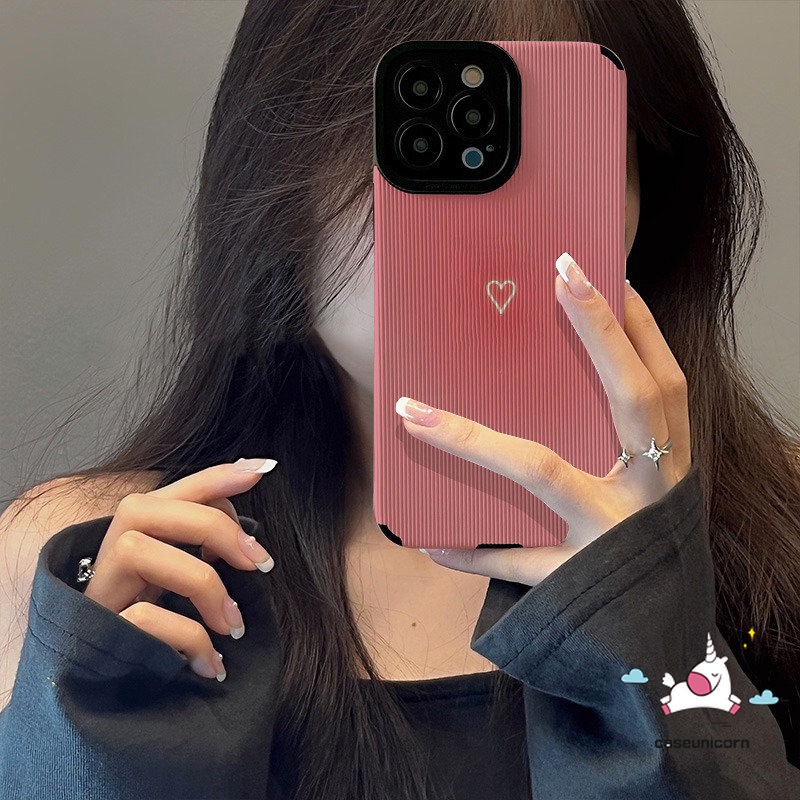 IPHONE Ins Simple Love Heart Phone Case Kompatibel Untuk Iphone11 7 8 Plus 14 12 13 11 Pro MAX XR X XS MAX Fashion Pink Gradasi Mewah Tekstur Kulit Silicon Lembut Shockproof Back Cover