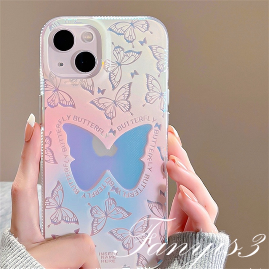 Compatible For IPhone 14 13 12 11 Pro Max X XR Xs Max 8 7 Plus SE 2020 Kompatibel Untuk Pink Layar Penuh Fantasi Kupu-Kupu IMD Laser Gradien Casing Ponsel TPU Lembut Shockproof Cover Pelindung