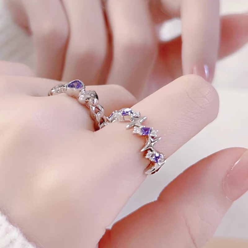 2pcs Set Cincin Kristal Zirkon Ungu Bentuk Hati Yang Indah Untuk Wanita Bintang Pembukaan Rings Perhiasan Hadiah Romantis