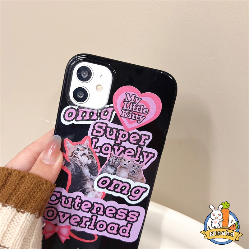 IPHONE Casing Kompatibel Untuk Iphone14 13 12 11 Pro Max X Xr Xs Max8 7 6 6s Plus SE 2020 Ins Label Keren Kucing Lucu Casing Ponsel Hitam Full Cover Shockproof Halus Glossy Lembut TPU Penutup Belakang