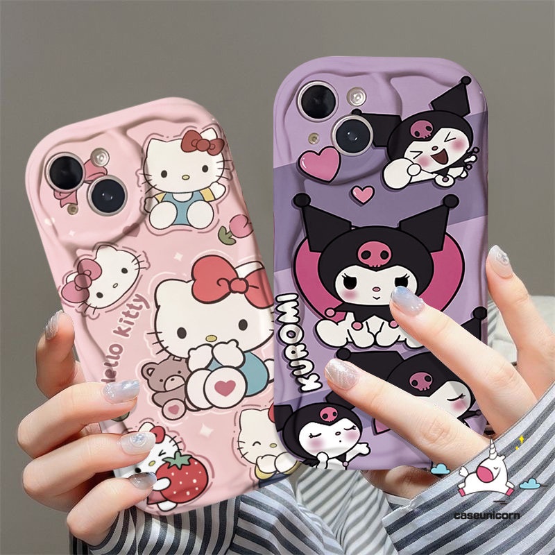 IPHONE Casing Kartun Kompatibel Untuk Iphone11 13 12 14 Pro Max7 8 6s 6 Plus XR X XS Max SE 2020 7Plus 8Plus Cute Kuromi Pochacc Hello Kitty Tpu Soft 3D Wavy Curved Edge Case