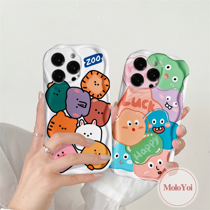 IPHONE Case Pasangan Tepi Melengkung Bergelombang 3D Kompatibel Untuk Iphone6 8 6s 7plus11 13 12 14 Pro XR XS X Max Max SE 2020 Kartun Monster Lucu Graffiti Hewan Kecil Baru Lembut Tpu Cover