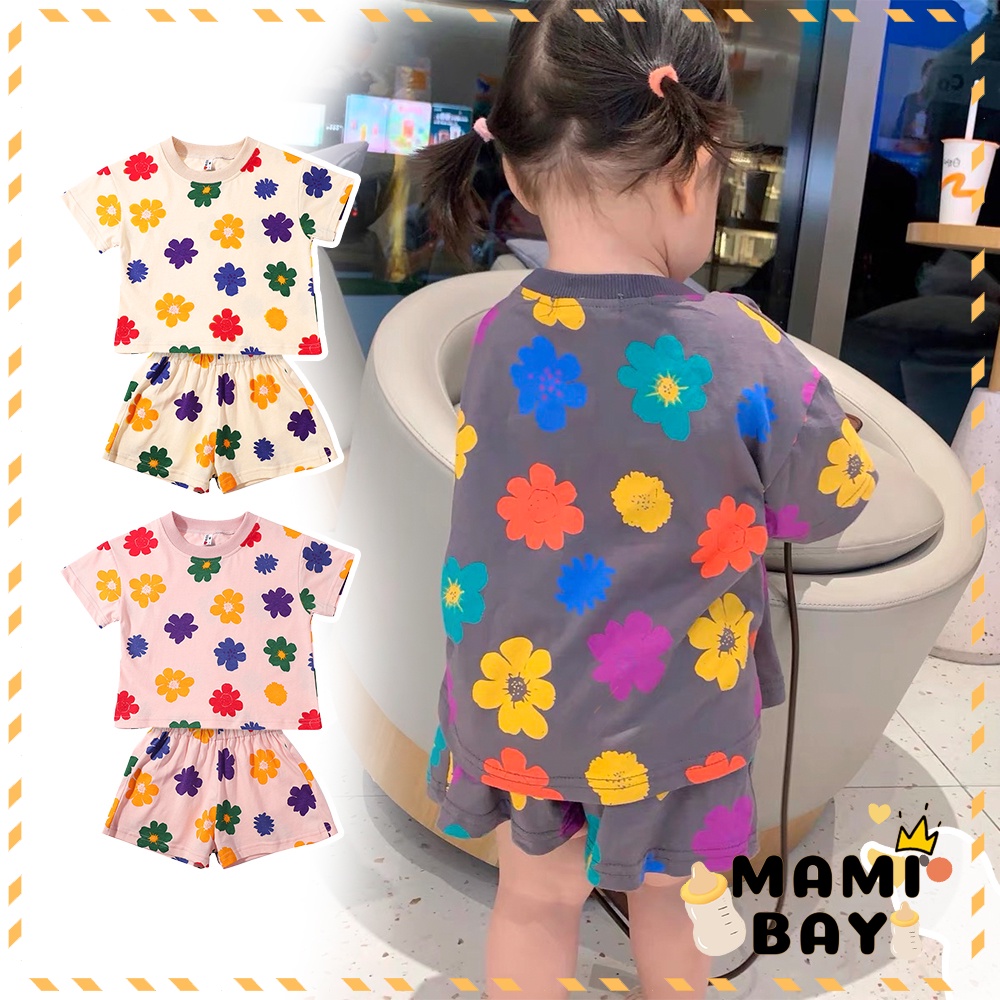 OKEYI Set Piyama Lengan Pendek Anak Motif Bunga Pajamas/Baju Tidur Anak Bayi