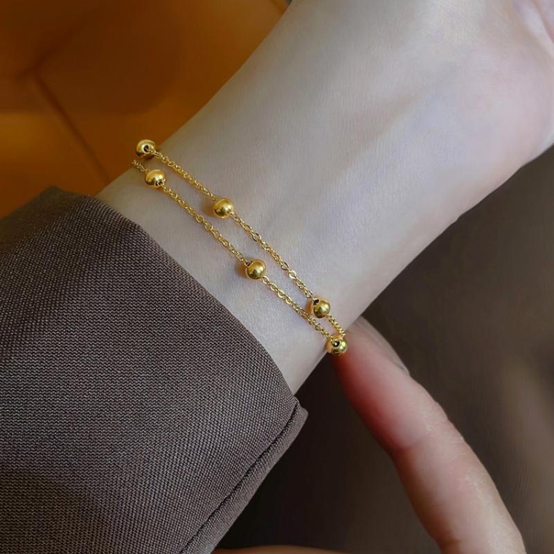 Gelang titanium Anti Karat Emas 18K Wanita Rantai Ganda Keberuntungan Manik Tangan Ornamen