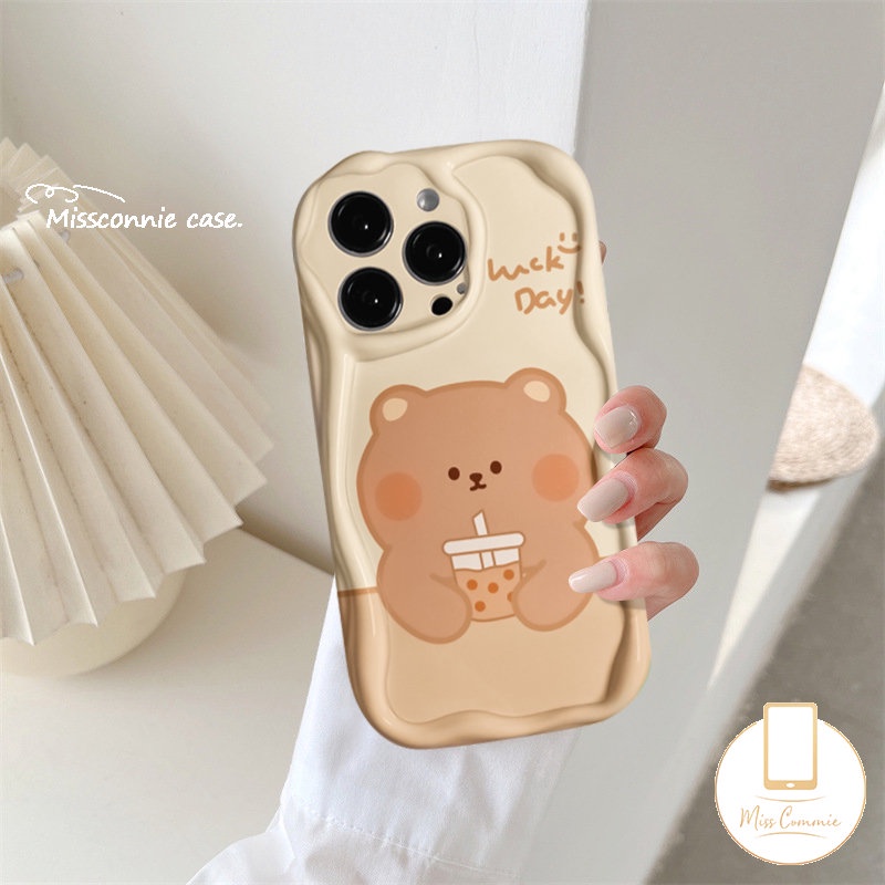 IPHONE Kartun Beruang Lucu Susu Teh Case Ponsel Case Kompatibel Untuk Iphone11 14 12 13 Pro Max XR X7 6s 6 8 Plus XS Max 7Plus SE 2020 Smile Lembut Tpu 3D Tepi Bergelombang Melengkung Glossy Cover