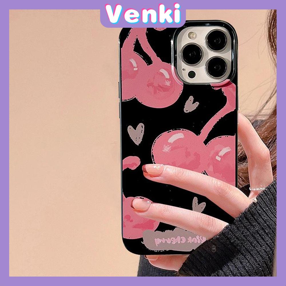 VENKI - Untuk iPhone 11 iPhone Case Hitam Glossy TPU Soft Case Shockproof Protection Camera Pump Cute Doodle Cherry Kompatibel dengan iPhone 14 13 Pro max 12 Pro Max xr xs max 7 8Plus