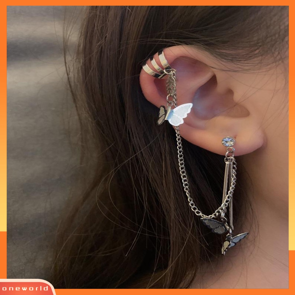 [ONE] 1pasang Kupu-Kupu Wanita Anting Keren Punk Warna Perak Link Rantai Tulang Rawan Klip Anting Fashion Perhiasan Hadiah