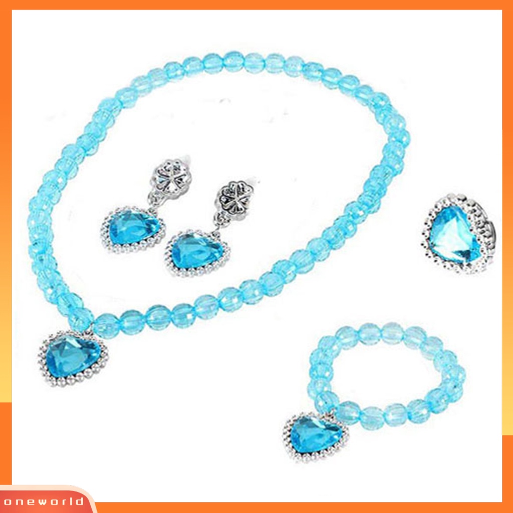 [ONE] 1set Gadis Kalung Mainan Manik-Manik Berwarna Elegan Pretend Play Berlian Imitasi Cinta Hati Gelang Anting Cincin Kit Putri Perhiasan